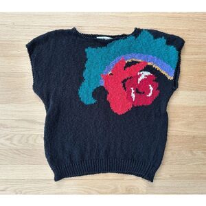 Vintage 80s Abstract Intarsia Knit Sweater Vest Sleeveless Black Teal Red Size M